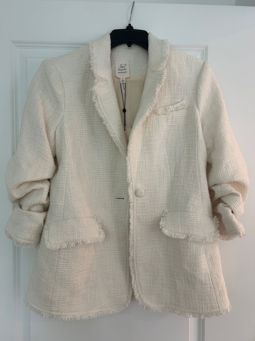 cinq a sept Ivory Tweed Fringed Blazer